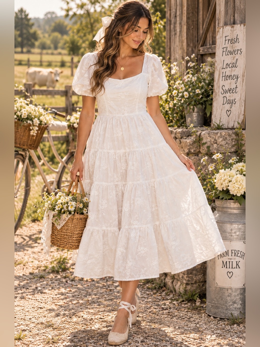 Gal Meets Glam White Embroidered Midi Dress L Milkmaid Prairie Puff Sleeve